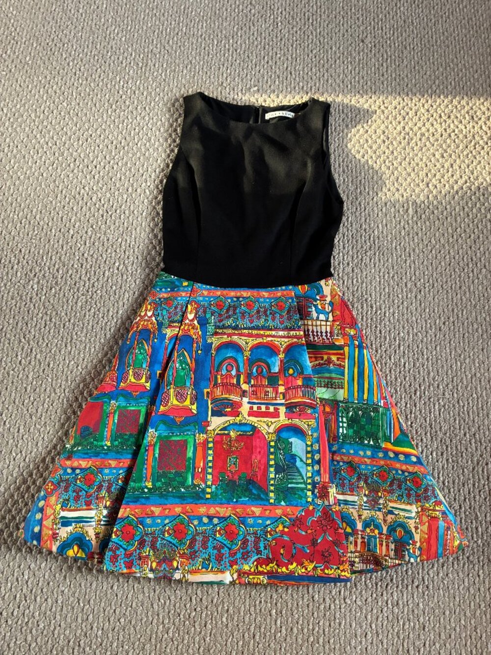 Alice + Olivia Fit Flare Dress Sleeveless 0 Architectural Havanna Colorblock